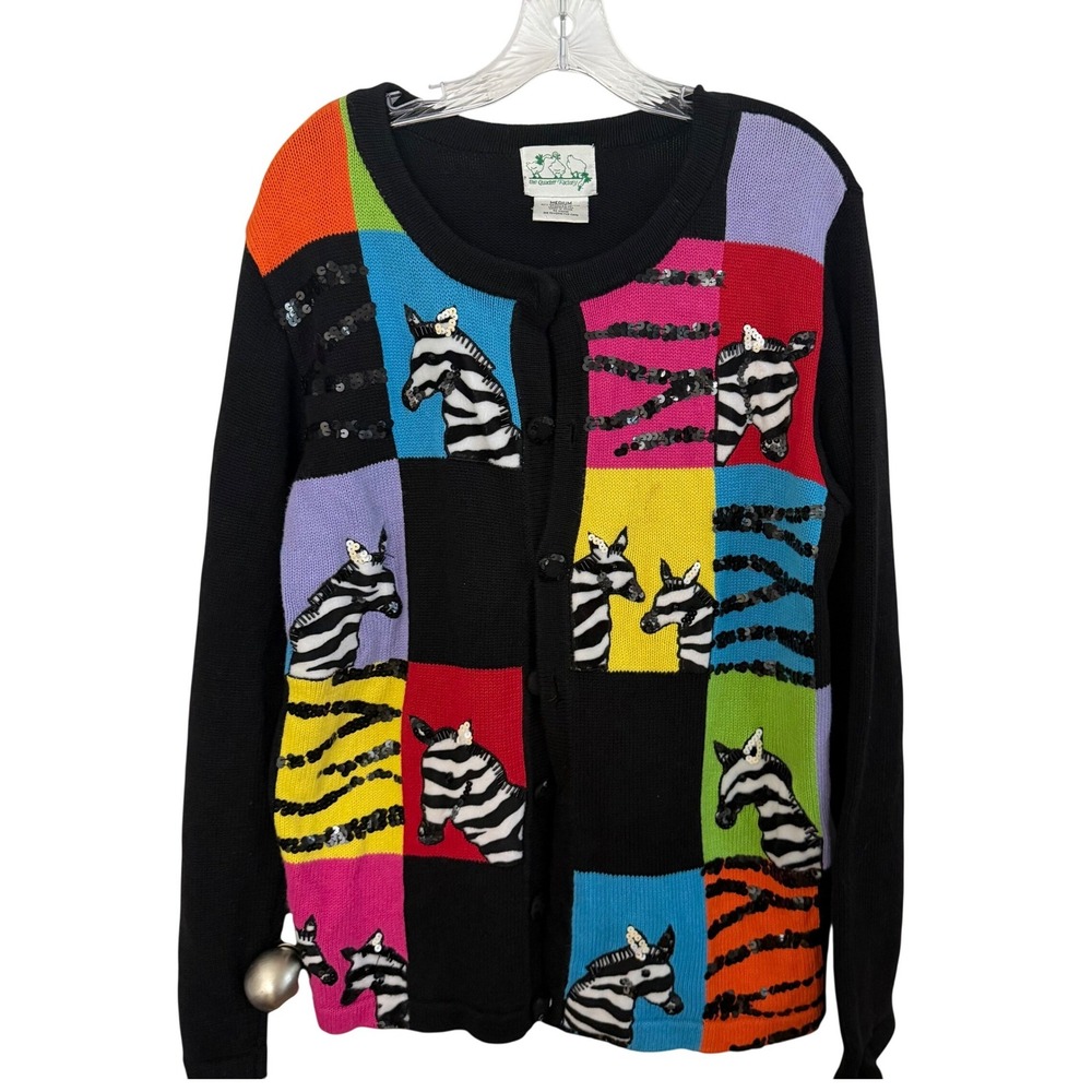 Quacker Factory Zebra Sequin Beaded Patchwork Cardigan Medium‎ Art to Wear